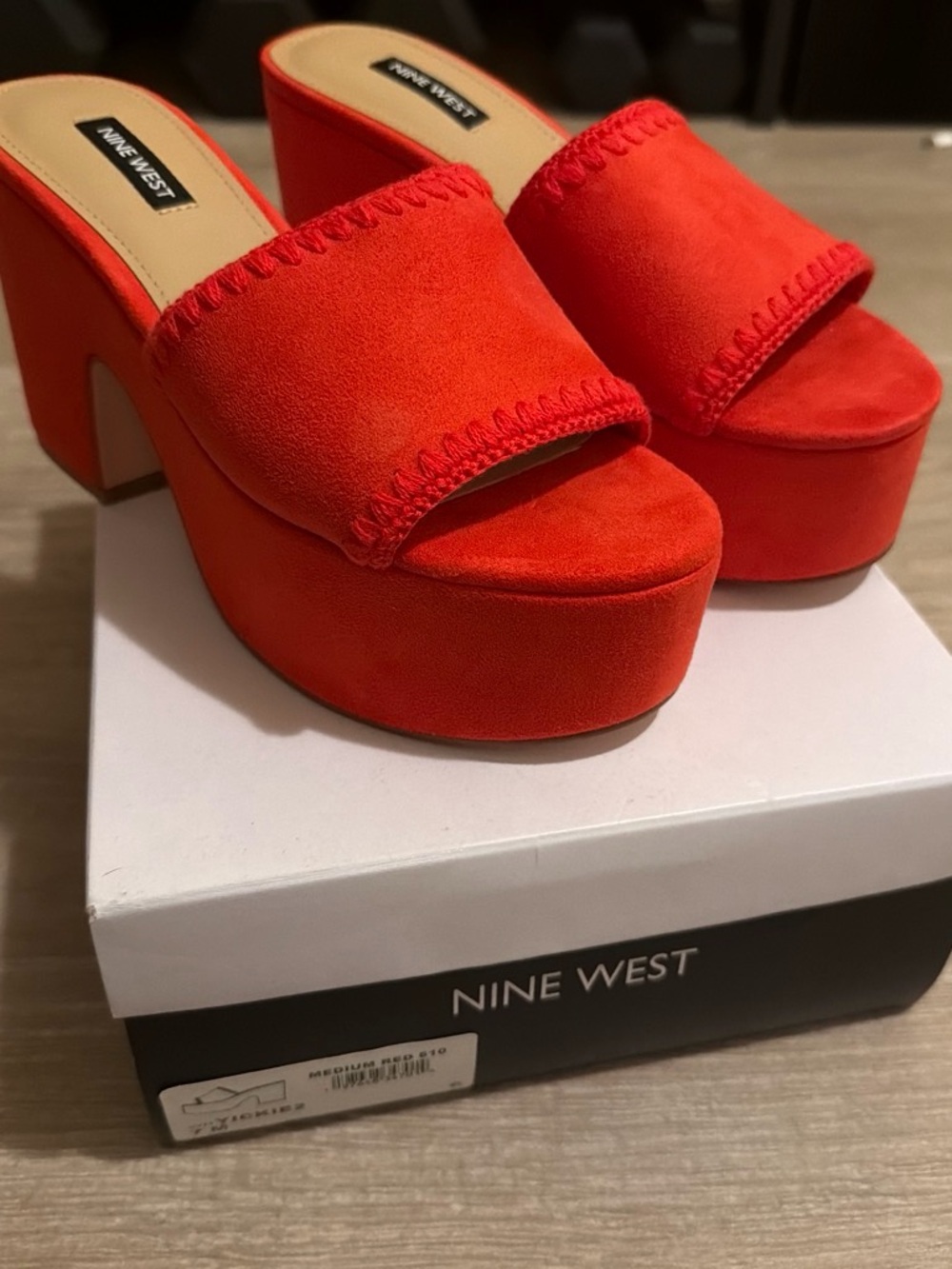 Nine West Bright Red Suede Platform Slide Sandals